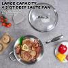 E-far 12 Inch Deep Frying Pan with Lid, 6 Quart Tri-Ply Stainless Steel Saute Pan, Kitchen Skillet, Healthy Non-toxic Cooking Pan for Induction Ceramic Gas Stoves, Heavy Duty, Oven & Dishwasher Safe(4.5QT / 10IN)