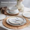 E-far 12-Piece Reactive Glaze Dinnerware Sets, Ceramic Dishes Set for 4, Stoneware Plates and Bowls Dinning Ware, Microwave & Dishwasher Safe – Ocean Blue(Seashell White)