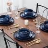 E-far 12-Piece Reactive Glaze Dinnerware Sets, Ceramic Dishes Set for 4, Stoneware Plates and Bowls Dinning Ware, Microwave & Dishwasher Safe – Ocean Blue(Deep Sea Blue)