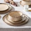 E-far 12-Piece Reactive Glaze Dinnerware Sets, Ceramic Dishes Set for 4, Stoneware Plates and Bowls Dinning Ware, Microwave & Dishwasher Safe – Ocean Blue(Sandy Beige)