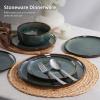 E-far 12-Piece Reactive Glaze Dinnerware Sets, Ceramic Dishes Set for 4, Stoneware Plates and Bowls Dinning Ware, Microwave & Dishwasher Safe – Ocean Blue(Obsidian Green)