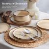 E-far 12-Piece Reactive Glaze Dinnerware Sets, Ceramic Dishes Set for 4, Stoneware Plates and Bowls Dinning Ware, Microwave & Dishwasher Safe – Ocean Blue(Sandy Beige)