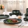 E-far 12-Piece Stoneware Dinnerware Sets, Plates and Bowls Sets for 4, Ceramic Dishware Dishes Set with Terracotta Base, Chip & Scratch Resistant, Microwave & Dishwasher Safe, Speckled White(Blackish Green)