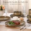 E-far 12-Piece Stoneware Dinnerware Sets, Plates and Bowls Sets for 4, Ceramic Dishware Dishes Set with Terracotta Base, Chip & Scratch Resistant, Microwave & Dishwasher Safe, Speckled White(Desert Camel)