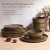 E-far 12-Piece Stoneware Dinnerware Sets, Plates and Bowls Sets for 4, Ceramic Dishware Dishes Set with Terracotta Base, Chip & Scratch Resistant, Microwave & Dishwasher Safe, Speckled White(Desert Camel)