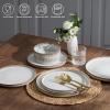E-far 16 Piece Dinnerware Sets, Plates and Bowls with Pasta Bowls Service for 4, Modern Stoneware Ribbed Dishes for Kitchen Dining, Microwave & Dishwasher Safe, Speckled White(Creamy Beige)