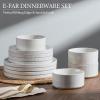 E-far 16 Piece Dinnerware Sets, Plates and Bowls with Pasta Bowls Service for 4, Modern Stoneware Ribbed Dishes for Kitchen Dining, Microwave & Dishwasher Safe, Speckled White(Speckled White)