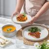E-far 16 Piece Dinnerware Sets, Plates and Bowls with Pasta Bowls Service for 4, Modern Stoneware Ribbed Dishes for Kitchen Dining, Microwave & Dishwasher Safe, Speckled White(Creamy Beige)