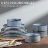 E-far 16 Piece Dinnerware Sets, Plates and Bowls with Pasta Bowls Service for 4, Modern Stoneware Ribbed Dishes for Kitchen Dining, Microwave & Dishwasher Safe, Speckled White(Dusty Blue)