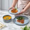 E-far 16 Piece Dinnerware Sets, Plates and Bowls with Pasta Bowls Service for 4, Modern Stoneware Ribbed Dishes for Kitchen Dining, Microwave & Dishwasher Safe, Speckled White(Dusty Blue)