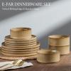 E-far 16 Piece Dinnerware Sets, Plates and Bowls with Pasta Bowls Service for 4, Modern Stoneware Ribbed Dishes for Kitchen Dining, Microwave & Dishwasher Safe, Speckled White(Caramel Khaki)