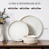 E-far 16 Piece Dinnerware Sets, Plates and Bowls with Pasta Bowls Service for 4, Modern Stoneware Ribbed Dishes for Kitchen Dining, Microwave & Dishwasher Safe, Speckled White(Creamy Beige)