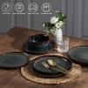 E-far 16 Piece Dinnerware Sets, Plates and Bowls with Pasta Bowls Service for 4, Modern Stoneware Ribbed Dishes for Kitchen Dining, Microwave & Dishwasher Safe, Speckled White(Blackish Green)