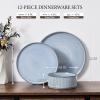 E-far 16 Piece Dinnerware Sets, Plates and Bowls with Pasta Bowls Service for 4, Modern Stoneware Ribbed Dishes for Kitchen Dining, Microwave & Dishwasher Safe, Speckled White(Dusty Blue)