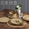 E-far 16 Piece Dinnerware Sets, Plates and Bowls with Pasta Bowls Service for 4, Modern Stoneware Ribbed Dishes for Kitchen Dining, Microwave & Dishwasher Safe, Speckled White(Caramel Khaki)
