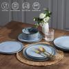 E-far 16 Piece Dinnerware Sets, Plates and Bowls with Pasta Bowls Service for 4, Modern Stoneware Ribbed Dishes for Kitchen Dining, Microwave & Dishwasher Safe, Speckled White(Dusty Blue)