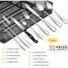 E-far 31-Piece Silverware Set, Stainless Steel Flatware Cutlery Set Service for 4 with Mesh Utensil Drawer Organizer, Include Forks/Spoons/Knives/Steak Knives/Straws, Mirror Polish & Dishwasher Safe(Silver)
