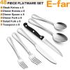 E-far 48-Piece Silverware Set with Steak Knives, Stainless Steel Flatware Cutlery Service for 8, Pearled Edge Tableware Eating Utensils for Home/Restaurant/Kitchen, Mirror Polished, Dishwasher Safe