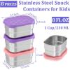 E-far 4-Pack Stainless Steel Snack Containers for Kids | 8oz Reusable Toddler Lunch Box Containers with Leak-Proof Lids for School/Daycare/Travel | Stackable Design & Easy Open, Oven & Dishwasher Safe(Purple & Pink)