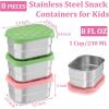 E-far 4-Pack Stainless Steel Snack Containers for Kids | 8oz Reusable Toddler Lunch Box Containers with Leak-Proof Lids for School/Daycare/Travel | Stackable Design & Easy Open, Oven & Dishwasher Safe(Green & Pink)