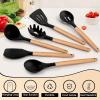 E-far Cooking Utensils Set of 6, Silicone Kitchen Utensils with Wooden Handle, Non-stick Cookware Friendly & Heat Resistant, Includes Spatula/Ladle/Slotted Turner/Serving Spoon/Spaghetti Server(Gray)(Black)