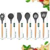 E-far Cooking Utensils Set of 6, Silicone Kitchen Utensils with Wooden Handle, Non-stick Cookware Friendly & Heat Resistant, Includes Spatula/Ladle/Slotted Turner/Serving Spoon/Spaghetti Server(Gray)(Gray)
