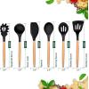 E-far Cooking Utensils Set of 6, Silicone Kitchen Utensils with Wooden Handle, Non-stick Cookware Friendly & Heat Resistant, Includes Spatula/Ladle/Slotted Turner/Serving Spoon/Spaghetti Server(Gray)(Black)