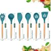 E-far Cooking Utensils Set of 6, Silicone Kitchen Utensils with Wooden Handle, Non-stick Cookware Friendly & Heat Resistant, Includes Spatula/Ladle/Slotted Turner/Serving Spoon/Spaghetti Server(Gray)(Teal Blue)