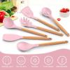 E-far Cooking Utensils Set of 6, Silicone Kitchen Utensils with Wooden Handle, Non-stick Cookware Friendly & Heat Resistant, Includes Spatula/Ladle/Slotted Turner/Serving Spoon/Spaghetti Server(Gray)(Pink)