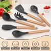 E-far Cooking Utensils Set of 6, Silicone Kitchen Utensils with Wooden Handle, Non-stick Cookware Friendly & Heat Resistant, Includes Spatula/Ladle/Slotted Turner/Serving Spoon/Spaghetti Server(Gray)(Gray)