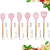 E-far Cooking Utensils Set of 6, Silicone Kitchen Utensils with Wooden Handle, Non-stick Cookware Friendly & Heat Resistant, Includes Spatula/Ladle/Slotted Turner/Serving Spoon/Spaghetti Server(Gray)(Pink)