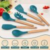 E-far Cooking Utensils Set of 6, Silicone Kitchen Utensils with Wooden Handle, Non-stick Cookware Friendly & Heat Resistant, Includes Spatula/Ladle/Slotted Turner/Serving Spoon/Spaghetti Server(Gray)(Teal Blue)