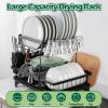 E-far Dish Drying Rack for Kitchen Counter, 2 Tier Small Dish Drainer Drying Rack, 16.7″ x 11.8″ x 13.9″ Metal Organizer with Drainboard and Utensil Holder, Large Capacity & Space Saving, Black