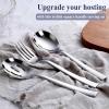 E-far Matte Black Serving Utensils Set of 6, Stainless Steel 8.7 Inch Hostess Serving Set Including MetalSlotted Spoons Forks for Party Buffet Catering, Square Edge & Rust Free(Silver)