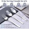 E-far Matte Black Serving Utensils Set of 6, Stainless Steel 8.7 Inch Hostess Serving Set Including MetalSlotted Spoons Forks for Party Buffet Catering, Square Edge & Rust Free(Silver)