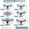 E-far Mixing Bowls with Lids Set, 15PCS Stainless Steel Mixing Nesting Bowl with Colander & 3 Metal Grater for Kitchen Prep/Baking/Storage, Non-Slip Bottom & Airtight Lid, 4.6, 3, 1.5, 1, 0.7QT, Khaki(Blue)