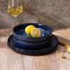 E-far Pasta Bowls Set of 4, 35oz Large Salad Bowls for Serving, Wide and Shallow Ceramic Plates for Kitchen, Double Reactive Glaze, Microwave and Dishwasher Safe, Seashell White(Deep Sea Blue)