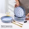 E-far Pasta Bowls Set of 4, 35oz Large Salad Bowls for Serving, Wide and Shallow Ceramic Plates for Kitchen, Double Reactive Glaze, Microwave and Dishwasher Safe, Seashell White(Blue)