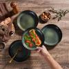 E-far Pasta Bowls Set of 4, 35oz Large Salad Bowls for Serving, Wide and Shallow Ceramic Plates for Kitchen, Double Reactive Glaze, Microwave and Dishwasher Safe, Seashell White(Obsidian Green)