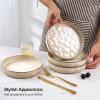 E-far Pasta Bowls Set of 4, 35oz Large Salad Bowls for Serving, Wide and Shallow Ceramic Plates for Kitchen, Double Reactive Glaze, Microwave and Dishwasher Safe, Seashell White(Khaki)