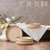 E-far Pasta Bowls Set of 4, 35oz Large Salad Bowls for Serving, Wide and Shallow Ceramic Plates for Kitchen, Double Reactive Glaze, Microwave and Dishwasher Safe, Seashell White(Sandy Khaki)