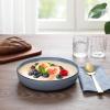 E-far Pasta Bowls Set of 4, 35oz Large Salad Bowls for Serving, Wide and Shallow Ceramic Plates for Kitchen, Double Reactive Glaze, Microwave and Dishwasher Safe, Seashell White(Ocean Blue)