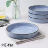 E-far Pasta Bowls Set of 4, 35oz Large Salad Bowls for Serving, Wide and Shallow Ceramic Plates for Kitchen, Double Reactive Glaze, Microwave and Dishwasher Safe, Seashell White(Blue)