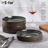 E-far Pasta Bowls Set of 6, 35oz Large Salad Bowl Plate for Dinner Serving Soup, Wide & Shallow Ceramic Stoneware Pasta Plates, Microwave & Dishwasher Safe, Textured Stripes & Speckled White, 8”(Blackish Green)