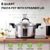 E-far Pasta Pot with Strainer Lid, 6 Quart Tri-Ply Stainless Steel Stock Pot & Push and Lock Handles, Non-toxic Multipurpose Cooking Pot for All Cooktops, Heavy Duty & Dishwasher Safe
