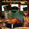 E-far Roasting Pan, 16 x 11.5 Inch Stainless Steel Turkey Roaster with V-shaped & Flat Rack, Non-toxic & Heavy Duty Deep Broiling Pan, Dishwasher Safe – Large(Black)
