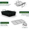 E-far Roasting Pan, 16 x 11.5 Inch Stainless Steel Turkey Roaster with V-shaped & Flat Rack, Non-toxic & Heavy Duty Deep Broiling Pan, Dishwasher Safe – Large(Black)