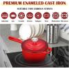 E-far Sauce Pan Set with Lid, 1Qt & 2Qt Enameled Cast Iron Pot Sets for Kitchen Cooking, Small Heavy Duty Dutch Oven Saucepans & Self-basting Lids, Induction-Ready & Easy Clean, White(Red)