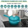 E-far Sauce Pan Set with Lid, 1Qt & 2Qt Enameled Cast Iron Pot Sets for Kitchen Cooking, Small Heavy Duty Dutch Oven Saucepans & Self-basting Lids, Induction-Ready & Easy Clean, White(Peacock Green)