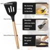 E-far Silicone Cooking Utensils Set, 10-Piece Heat Resistant Kitchen Utensils Set with Wooden Handle for Nonstick Cookware, Kitchen Nonstick Tools Spatula Whisk Tongs Ladle, Non-toxic & Healthy(Khaki)(Black)